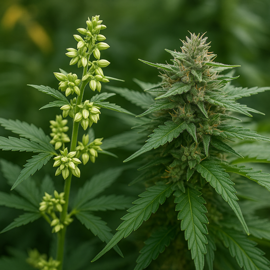 Cannabis: links männlich, rechts weiblich